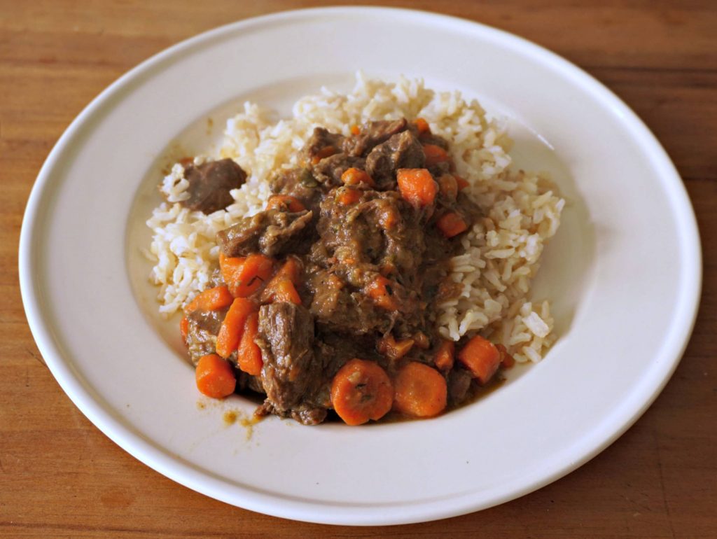 Beef Carbonnade serving with brown rice
