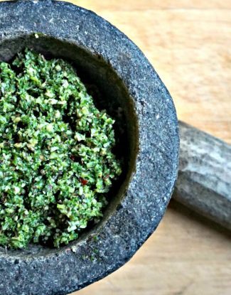 Pesto with Arugula, Basil and Fennel in a Mortar - Arugula Pesto