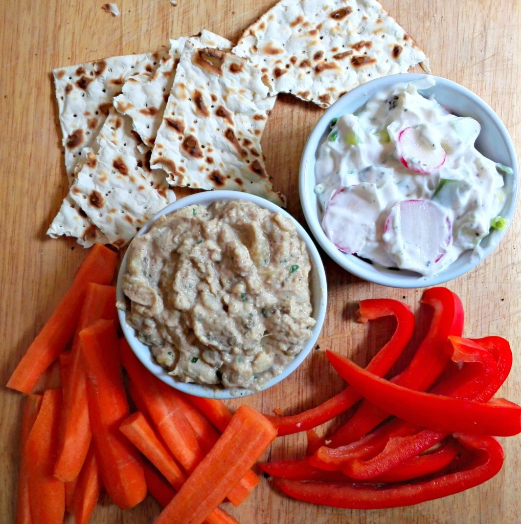 Two spreads with veggies matzah