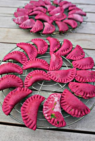 Red beet ravioli rack