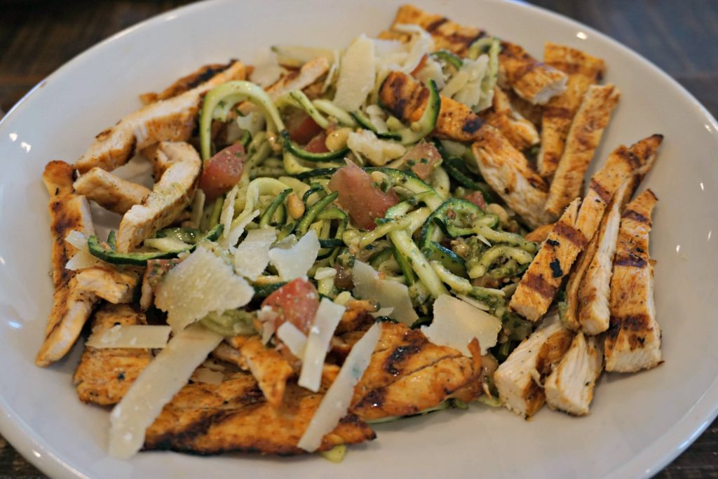 Zucchini Linguine with Pecan Pesto and chicken - Stamp Proper Foods