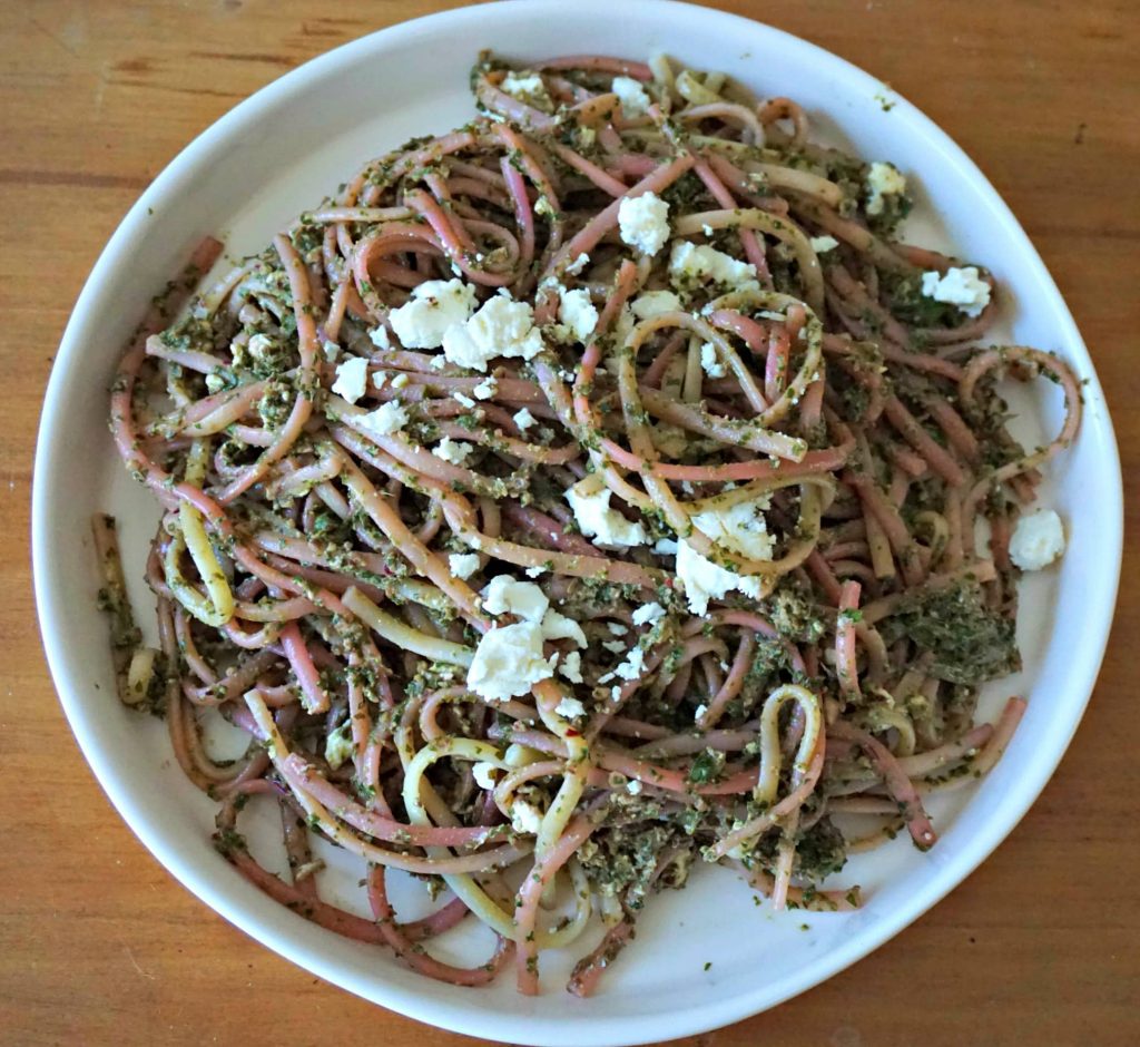 Beet Dandelion Pesto Pasta w feta